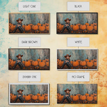 Load image into Gallery viewer, Cute Cowgirl In A Pumpkin Patch, Framed Canvas Print, Fall / Thanksgiving Decor, minimalist seasonal art for autumn or Christmas decor
