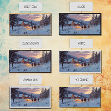 Load image into Gallery viewer, Cowboys and Log Cabin Winter Christmas Framed Canvas Print, Rustic Mountain Holiday Scene Art, Best Christmas Gift Idea, Winter Decor
