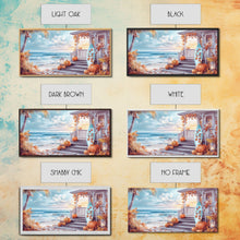 Carregar imagem no visualizador da galeria, Fall Beachfront Porch With Pumpkins Autumn Decor Framed Canvas Print, Coastal Autumn Home Decor Wall Art Beach Vibes
