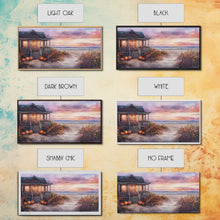 Cargar imagen en el visor de la galería, Rustic Beach Cottage Fall Scene Framed Canvas Print, Coastal Autumn Sunset Wall Art Ideal Autumn Gift, Seasonal Beach Decor
