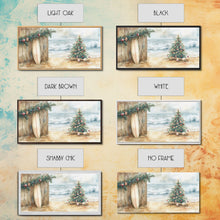 Load image into Gallery viewer, Christmas Tree On Sandy Beach With Surfboard Coastal Decor Framed Canvas Print, Beach Christmas Decor Wall Art
