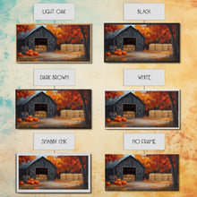 Cargar imagen en el visor de la galería, Fall Barnyard with Pumpkins Framed Canvas Print Farmhouse Decor, Fall Art Print, Rustic Home Decor, Seasonal Gift Wall Art
