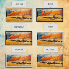 Load image into Gallery viewer, Cowboy Herding Cattle Under Mountains Framed Canvas Print Tall Art Autumn Country Landscape Fall Decor Western Wall Art Farmhouse Gift Idea
