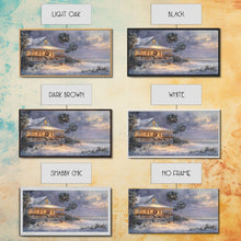 Cargar imagen en el visor de la galería, Christmas beach decor scene in tropical house with wreath and lights, Framed Canvas Print palm trees snow, winter art and holiday home decor
