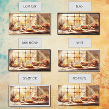 Load image into Gallery viewer, Thanksgiving table scene with food, pies and fall decor, Framed Canvas Print with pumpkins sunlight, autumn harvest home wall art and decor
