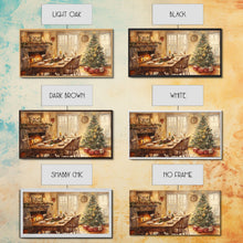 Load image into Gallery viewer, Rustic Christmas dining room scene with a Christmas tree, Framed Canvas Print with a festive table warm fireplace, farmhouse holiday decor
