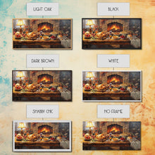 Load image into Gallery viewer, Cozy Thanksgiving Feast by Fireplace Framed Canvas Print Seasonal Wall Art, Rustic Fall Decor, Harvest Celebration Art Print for Home
