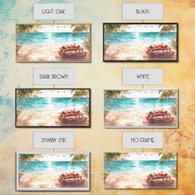 Load image into Gallery viewer, Beach Christmas decor picnic setup with palm trees and lights, framed canvas print showcasing tropical coastal holiday art decor
