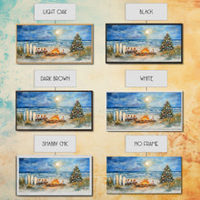 Cargar imagen en el visor de la galería, Christmas bonfire on the beach with surfboards and decorated tree, framed canvas print ideal tropical holiday wall art decor
