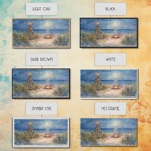 Carregar imagem no visualizador da galeria, Beach Christmas family gathering by the ocean and bonfire, framed canvas print featuring tropical holiday decor wall art

