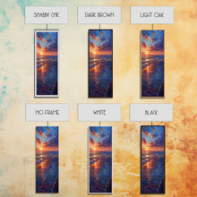 Load image into Gallery viewer, Framed Canvas Print of a Colorful Skinny Art Sunset Over the Ocean with a Vibrant Sky Reflecting on the Water in this Tall Coastal Landscape Art

