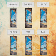 Carregar imagem no visualizador da galeria, Framed Canvas Print Skinny Art of a Sunlit Beach Scene Framed by Rocky Cliffs, Overlooking a Crystal Blue Sea Under a Clear Sky, Perfect Tall Coastal Art
