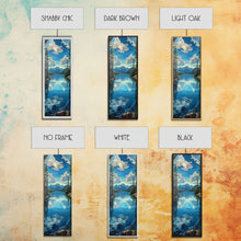 Carregar imagem no visualizador da galeria, Framed Canvas Print Skinny Art of a Clear Lake Surrounded by Pine Trees with Majestic Mountains in the Distance Under a Blue Sky, Ideal Tall Landscape Art
