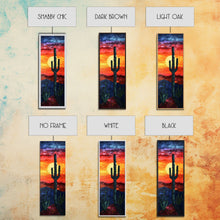 Load image into Gallery viewer, Desert Landscape with Saguaro Cactus Silhouette Against a Fiery Sunset on a Framed Canvas Print Skinny Art Piece
