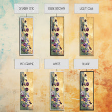 Load image into Gallery viewer, Deep Purple Pansy Flowers Against Textured Gold Background on Tall Vertical Canvas Print for Rich Floral Wall Decor
