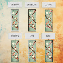 Load image into Gallery viewer, Delicate Sparrows Perched On Cherry Blossoms Under Full Moon Serene Nighttime Setting Captured Tall Framed Canvas Print Nature Scene
