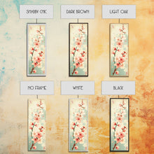 Cargar imagen en el visor de la galería, Cherry Blossom Japanese Art Skinny Wall Art Framed Canvas Print in Light Pastel Colors on Branch Against Subtle Green Background
