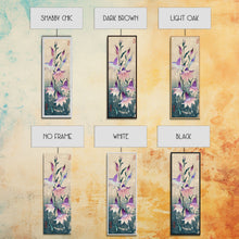 Load image into Gallery viewer, Tall Art Featuring Elegant Bellflowers In Soft Purples And Pinks Against A Muted Background, Skinny Art, Japanese Style Art, Ukiyo-e Art, Framed Canvas Print, Wood Block Print
