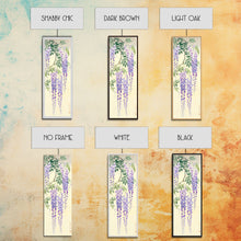 Cargar imagen en el visor de la galería, Cascading Wisteria Blossoms in Shades of Purple and Green - Skinny Art, Japanese Wall Decor, Framed Canvas Print, Ukiyo-e Style

