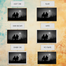 Load image into Gallery viewer, Cowboys Under A Full Moon, Framed Canvas Print, Black and White Western Photography, Wild West Art, Western Decor, Farmhouse Country Art
