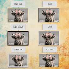Carregar imagem no visualizador da galeria, Framed Canvas Print, Cute Highland Cow Wearing A Pink Bowtie, Framed Wall Decor, Rustic Minimalist Farmhouse Decor, Western Art
