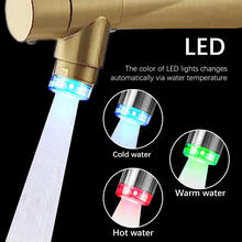 Carregar imagem no visualizador da galeria, VIDEC KW-21CG Smart Kitchen Faucet, 3 Modes Pull Down Sprayer, Smart LED for Water Temperature Control, Ceramic Valve, 360-Degree Rotation, 1 or 3 Hole Deck Plate. ( Champagne Gold).
