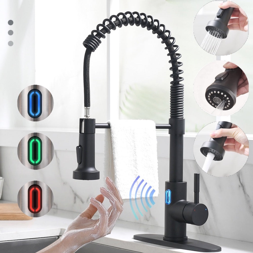 VIDEC KW-79R Smart Touch-less Kitchen Faucet, 3 Modes Pull Down Sprayer, Smart Motion Sensor Activated, LED Temperature Control, Auto ON/Off, Ceramic Valve, 360-Degree Rotation,1 or 3 Hole Deck Plate.