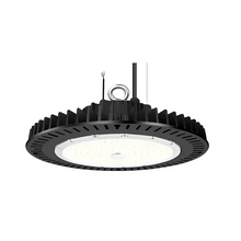 Cargar imagen en el visor de la galería, 150W UFO LED Industrial High Bay Light for Warehouse with 21,000 Lumens, 5000K Daylight White, Dimmable (0-10V), Black Finish - UL &amp; DLC Listed
