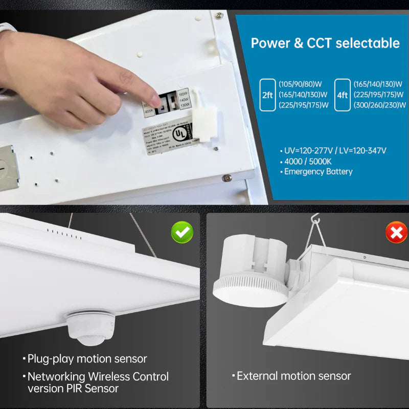 2FT LED Linear High Bay (105/90/80) Watt Tunable and 4000K/5000K CCT, 140LM/Watt - AC120-277V and 0-10V Dimmable