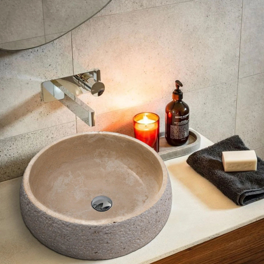 Light Beige Travertine Above Vanity Bathroom Sink Rustic Outside (D)16