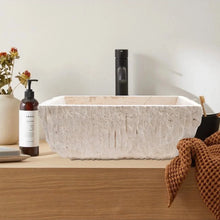 Load image into Gallery viewer, Troia Light Rustic Travertine Rectangular Above Vanity Bathroom Sink Hand Chiseled Exterior
