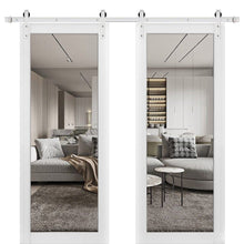 Load image into Gallery viewer, Lucia 2166 Matte White Double Barn Door with Clear Glass | Silver Finish Rail
