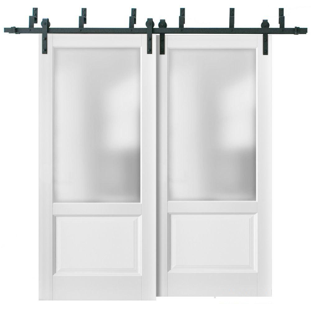 Lucia 22 White Silk Double Barn Door with Frosted Glass | Black Bypass Rails