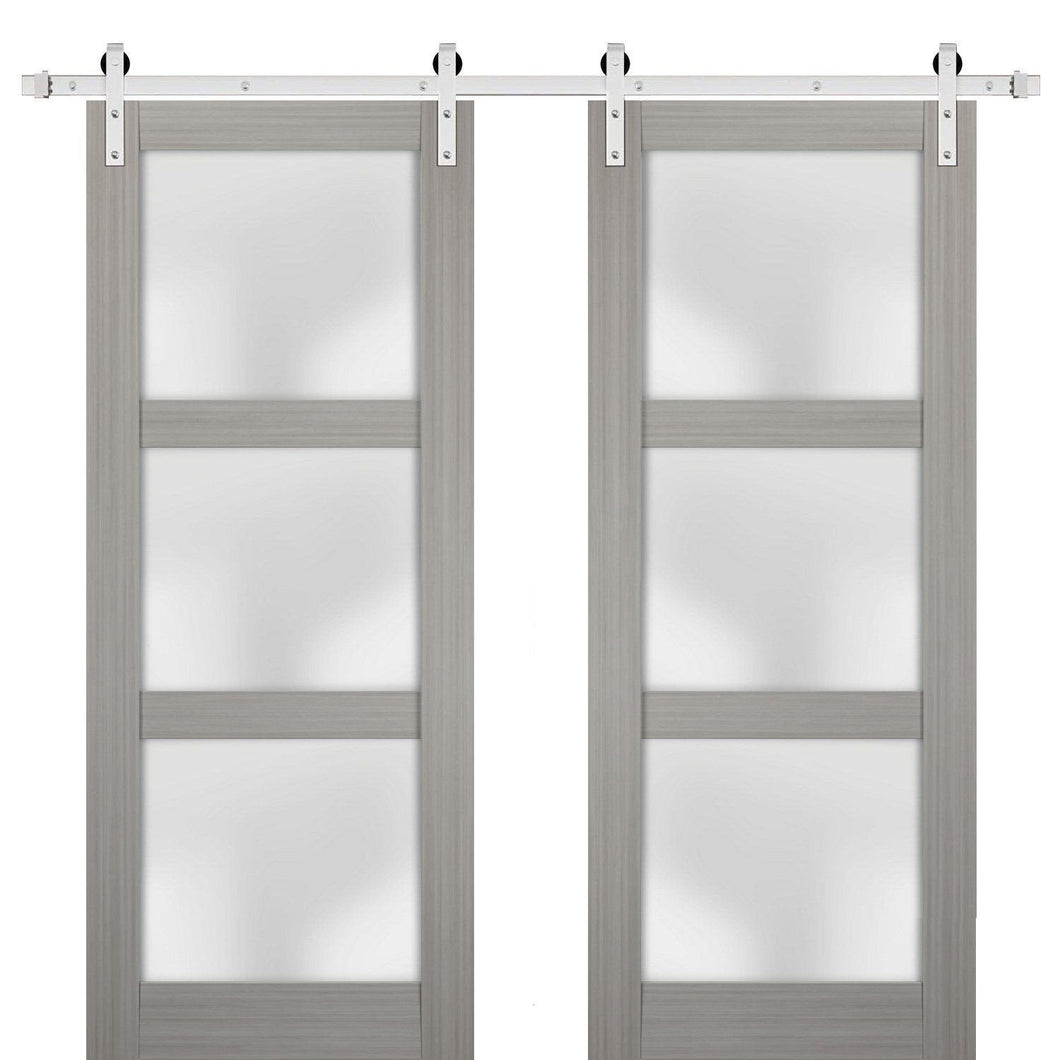 Lucia 2552 Grey Ash Double Barn Door with Frosted Glass | Silver Finish Rail