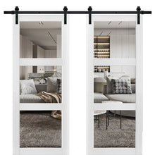 Load image into Gallery viewer, Lucia 2555 Matte White Double Barn Door with Clear Glass 3 Lites | Black Rail
