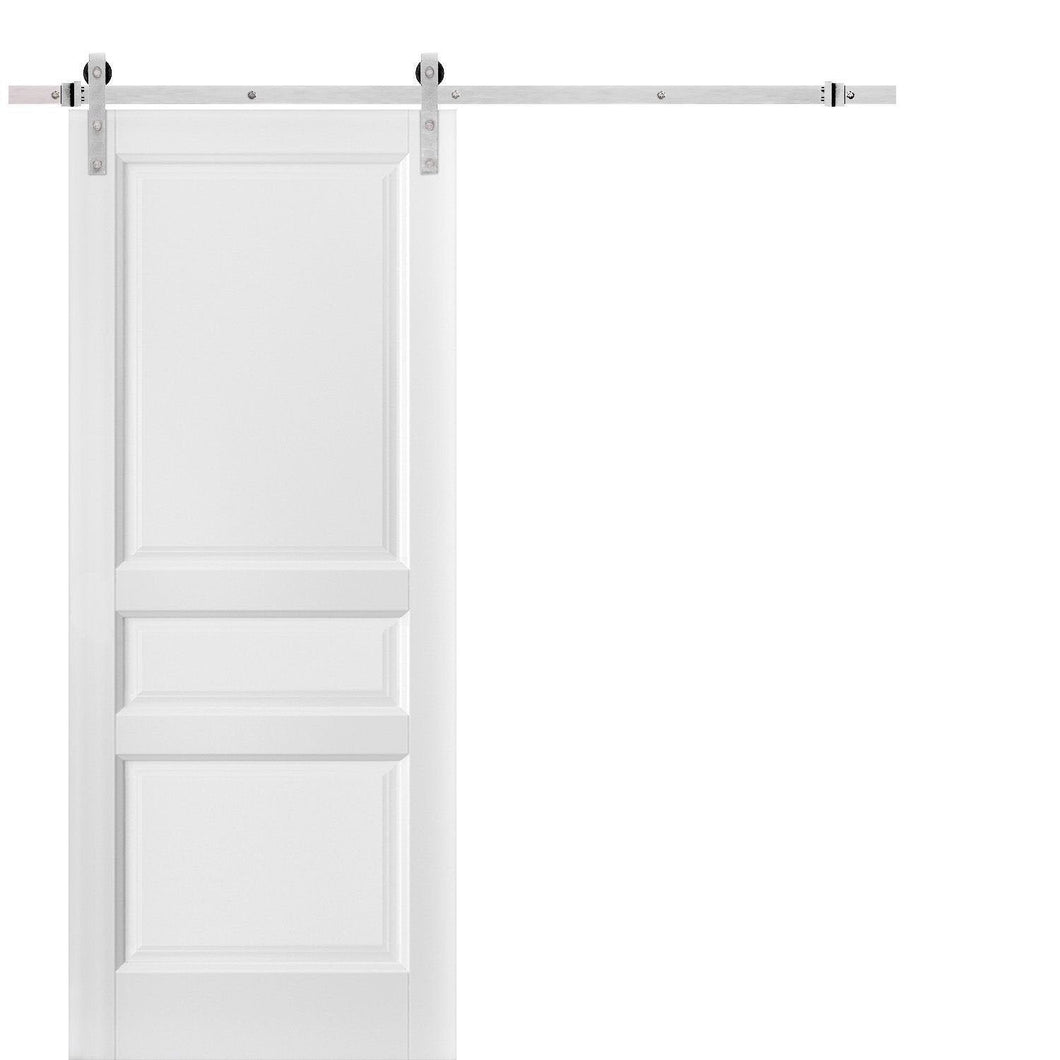 Lucia 31 White Silk 3 Panel Barn Door and Silver Finish Rail