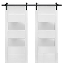 Load image into Gallery viewer, Lucia 4010 Matte White Double Barn Door with 2 Lites Frosted Glass | Black Rail
