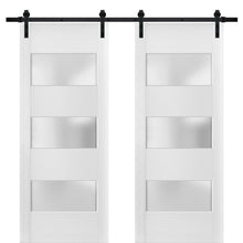 Load image into Gallery viewer, Lucia 4070 Matte White Double Barn Door with 3 Lites Frosted Glass | Black Rail
