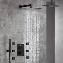 Load image into Gallery viewer, 12-Inch Or 16 inch Non-LED Oil Rubbed Bronze (ORB) Ceiling-Mounted 4-Way Thermostatic Valve with Wall-Mounted 12-Inch Rain Head, Body Jets, and Dual Functionality
