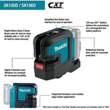 Carregar imagem no visualizador da galeria, Makita SK105DNAX 12V max CXT Lithium-Ion Cordless Self-Leveling Cross-Line Red Beam Laser Kit (2.0Ah)
