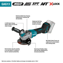 Carregar imagem no visualizador da galeria, Makita GAG13M1 40V max XGT® Brushless Cordless 4‑1/2" / 5" X‑LOCK Paddle Switch Angle Grinder Kit, with Electric Brake (4.0Ah)
