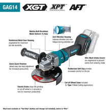 Carregar imagem no visualizador da galeria, Makita GAG14M1 40V max XGT® Brushless Cordless 4‑1/2” / 6" Paddle Switch Angle Grinder Kit, with Electric Brake (4.0Ah)
