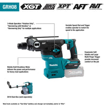 Carregar imagem no visualizador da galeria, Makita GRH08M1 40V max XGT® Brushless Cordless 1‑3/16" SDS‑PLUS AVT® Rotary Hammer Kit, AFT®, AWS® Capable (4.0Ah)
