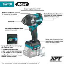 Carregar imagem no visualizador da galeria, Makita GWT08Z 40V max XGT® Brushless Cordless 4‑Speed Mid‑Torque 1/2" Sq. Drive Impact Wrench w/ Detent Anvil, Tool Only
