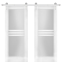 Load image into Gallery viewer, Mela 7222 White Silk Double Barn Door with 4 Lites Frosted Glass | Silver Finish Rail
