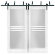 Load image into Gallery viewer, Mela 7222 White Silk Barn Doors with 4 Lites Frosted Glass | Black Bypass Rail
