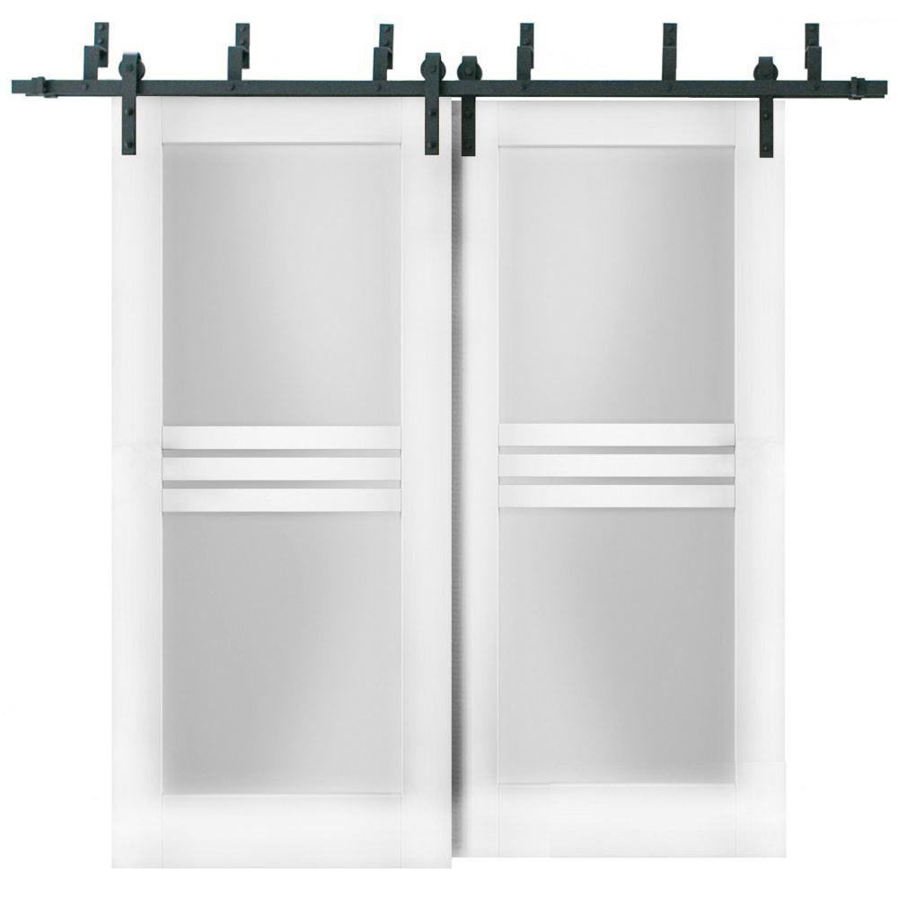 Mela 7222 White Silk Barn Doors with 4 Lites Frosted Glass | Black Bypass Rail