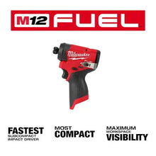 Carregar imagem no visualizador da galeria, Milwaukee 3453-22 M12 FUEL™ 1/4" Hex Impact Driver Kit with (2) 2.0Ah Lithium Ion Batteries, Charger &amp; Tool Bag
