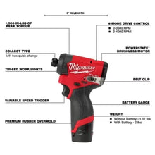 Carregar imagem no visualizador da galeria, Milwaukee 3453-22 M12 FUEL™ 1/4" Hex Impact Driver Kit with (2) 2.0Ah Lithium Ion Batteries, Charger &amp; Tool Bag
