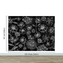 Cargar imagen en el visor de la galería, Black Floral Background, Black and White Flower Wallpaper Mural. #6677
